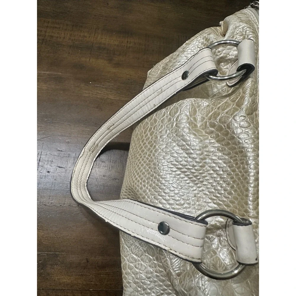 XOXO Cream‎ Faux Snakeskin Embossed Satchel Handbag with Bow Detail Silver Logo